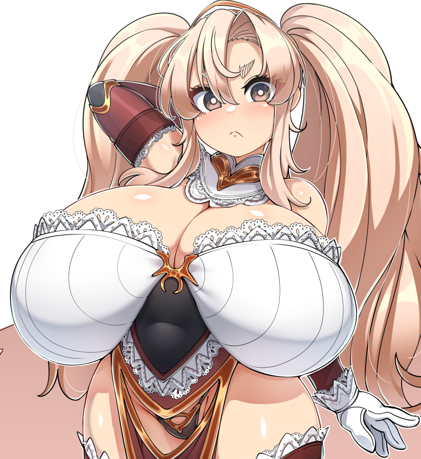 1girl :&lt; absurdres arm_behind_head blonde_hair blush boots breasts brown_eyes cleavage closed_mouth cowboy_shot curvy detached_collar dwarf dwarf_princess_(konoshige) elbow_gloves female_dwarf frown gloves groin hair_over_shoulder highres huge_breasts konoshige_(ryuun) lace long_hair looking_at_viewer original panties pelvic_curtain shiny_skin shortstack sidelocks skindentation solo standing thick_eyebrows thick_thighs thigh_boots thighhighs thighs twintails underwear very_long_hair wide_hips