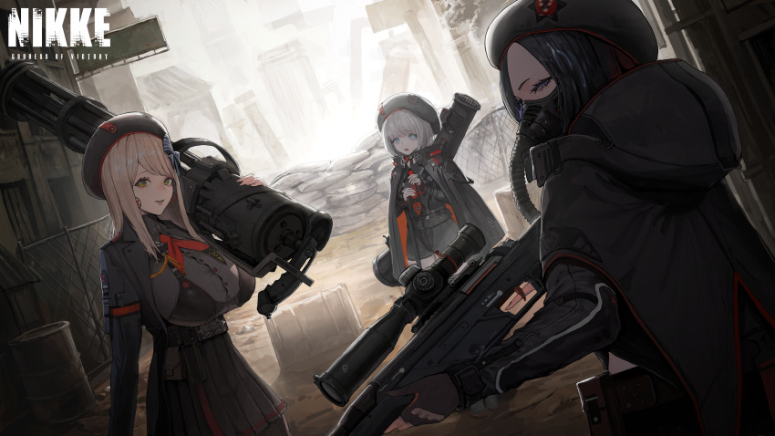 1girl 3girls absolute_(nikke) absurdres asymmetrical_bangs beret black_hair blue_eyes cho_gum commentary copyright_name emma_(nikke) eunhwa_(nikke) goddess_of_victory:_nikke gun hat highres long_hair machine_gun mask mouth_mask multiple_girls rocket_launcher short_hair solo vesti_(nikke) weapon