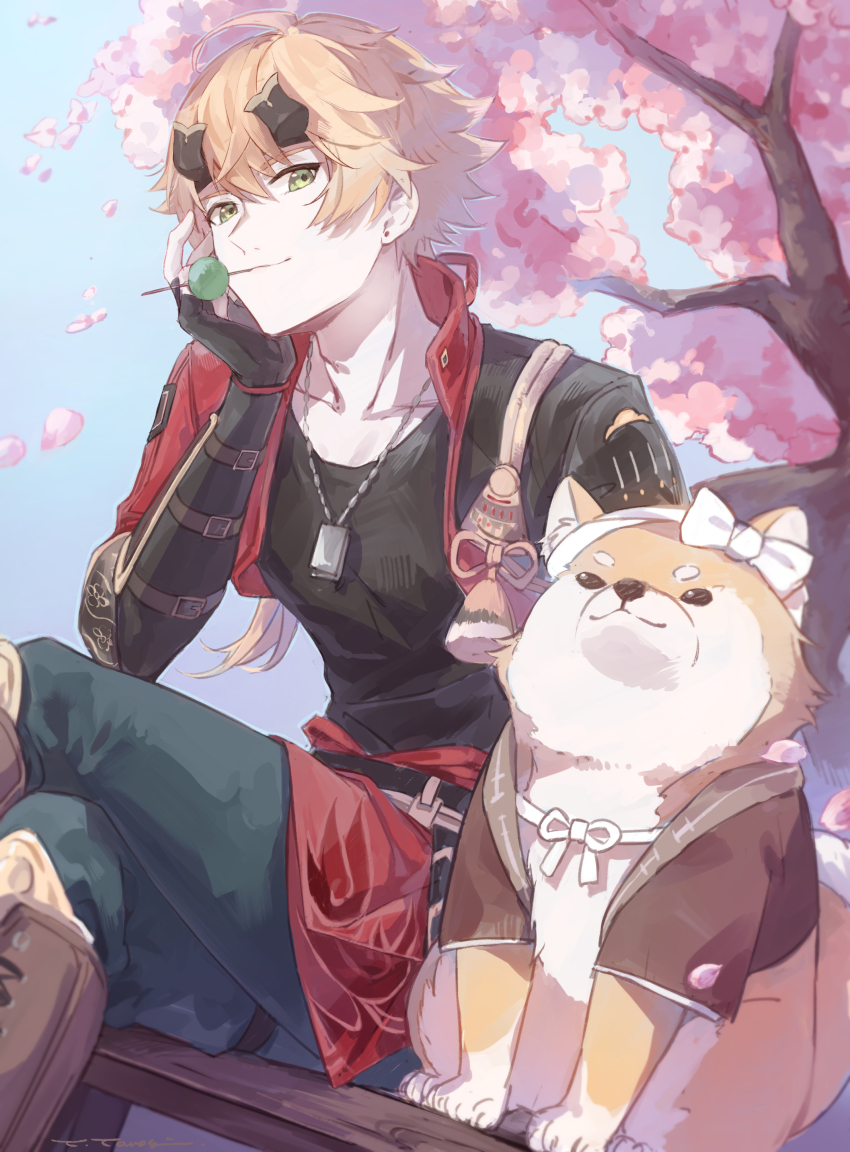 1boy absurdres ahoge black_gloves black_shirt blonde_hair boots brown_boots cherry_blossoms closed_mouth collarbone cropped_jacket crossed_bangs dog earrings fake_horns fingerless_gloves genshin_impact gloves green_eyes green_pants hair_between_eyes head_on_hand highres horns jacket jewelry looking_at_viewer male_focus necklace open_clothes open_jacket outdoors pants red_jacket red_sash sash shirt short_hair solo stud_earrings taroumaru_(genshin_impact) thoma_(genshin_impact) yama_ta_yomogi