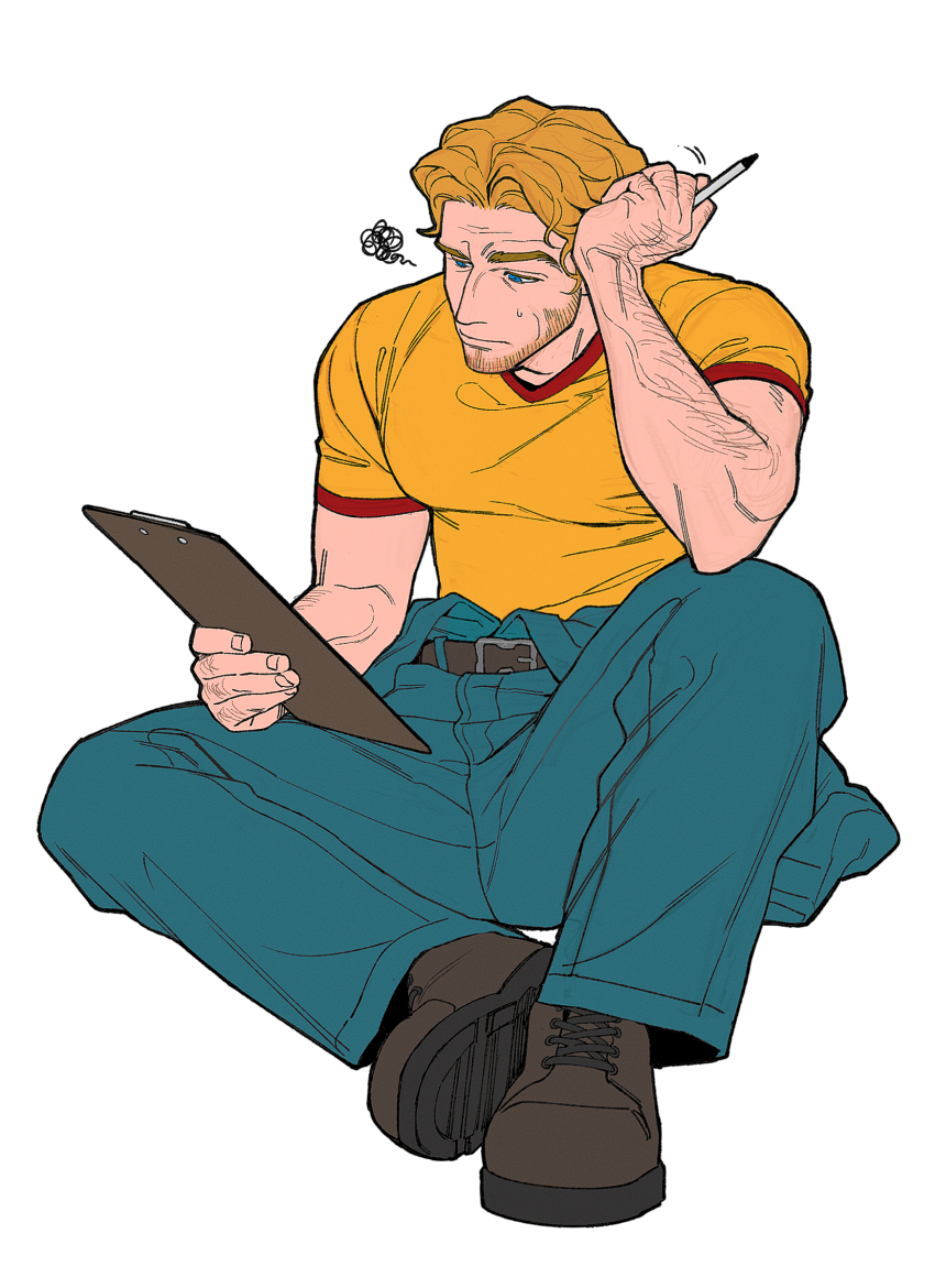 1boy absurdres beard belt belt_buckle blonde_hair blue_eyes blue_jumpsuit boots brown_belt brown_boots buckle clipboard closed_mouth commentary_request curly_(mouthwashing) curly_(pre-crash)_(mouthwashing) curtained_hair elbow_on_knee facial_hair head_rest highres holding holding_clipboard holding_pen jumpsuit jumpsuit_around_waist knee_up korean_commentary male_focus mouthwashing pen ratsays_squeak red_trim shirt shoelaces short_hair simple_background sitting solo spoken_squiggle squiggle t-shirt wavy_hair white_background yellow_shirt
