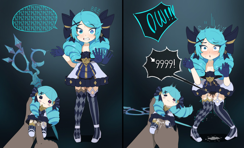 1boy 1girl :o aged_down aqua_eyes asymmetrical_legwear before_and_after black_panties blue_bow blue_dress blue_eyes blue_gloves blue_hair blue_thighhighs blush bow clenched_teeth constricted_pupils diamond_print doll dress drill_hair embarrassed female_ejaculation female_orgasm fingering fingering_through_clothes flat_chest frilled_dress frills full_body garter_straps gloves gwen_(league_of_legends) hair_bow hands_up henz_(ketchupp) hetero heterochromia highres knees_together_feet_apart league_of_legends light_blue_hair loli lolita_fashion long_hair looking_at_viewer nervous orgasm pain panties parted_lips pov pov_hands pussy_juice pussy_juice_drip scared shared_sense standing striped_clothes striped_thighhighs teeth thighhighs through_clothes torogao trembling two-tone_dress two-tone_thighhighs underwear vertical_stripes voodoo voodoo_doll white_dress white_footwear white_thighhighs