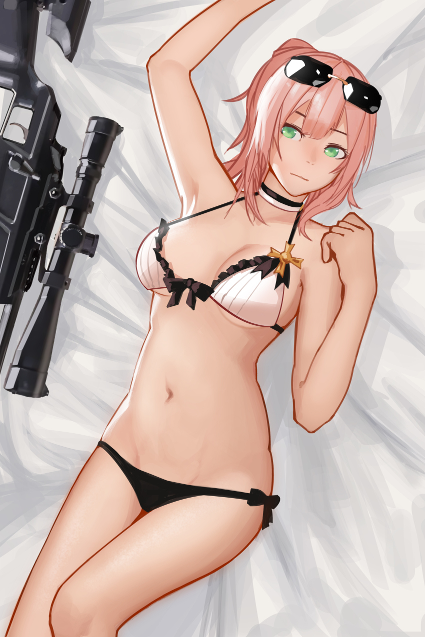 1girl absurdres arm_up armpits bikini blaser_r93 bolt-action_rifle bolt_action bow bow_bikini bow_bra bra breasts choker eyewear_on_head female_focus front-tie_bikini_top front-tie_top girls&#039;_frontline green_eyes groin gun highres looking_away lying medium_breasts navel official_alternate_costume on_back panties pink_hair prototype_design r93_(girls&#039;_frontline) r93_(holiday_lucky_star)_(girls&#039;_frontline) rifle salty_eyes short_hair side-tie_bikini_bottom side-tie_panties sniper_rifle solo straight-pull_rifle straight_pull swimsuit thighs underboob underwear weapon