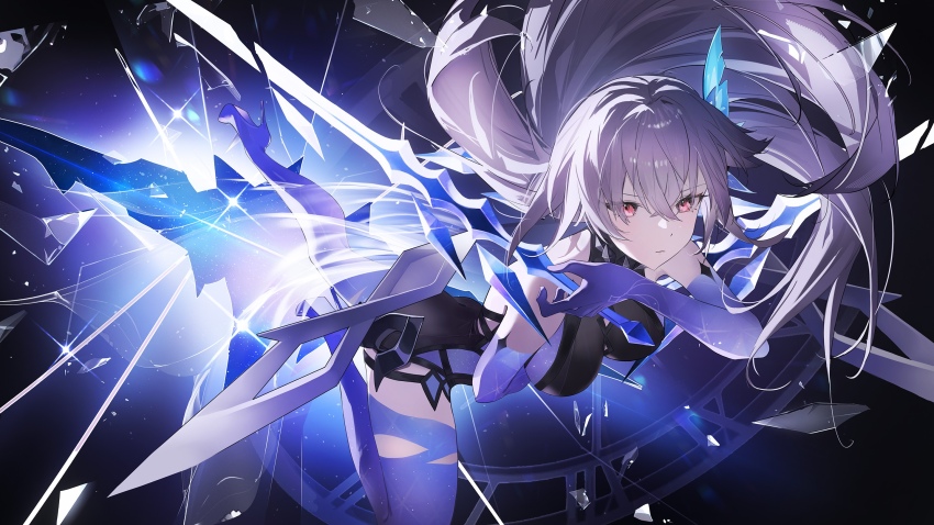 1girl bare_shoulders black_leotard breasts closed_mouth commentary_request crystal floating_hair genshin_impact grey_hair hair_ornament highres large_breasts leotard long_hair looking_at_viewer prosthesis red_eyes skirk_(genshin_impact) solo thighs varlyn