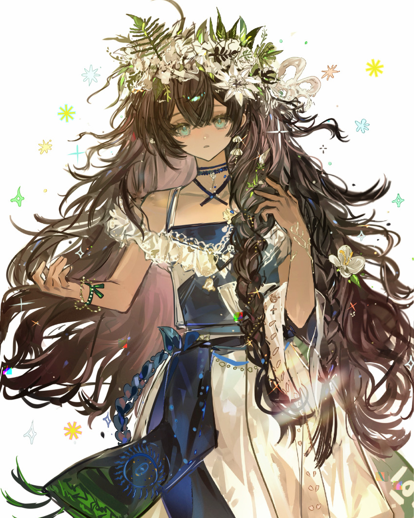 1girl :o absurdres bare_shoulders black_choker blue_dress blue_eyes braid brown_hair choker cowboy_shot dark-skinned_female dark_skin dress fatutu flower hair_flower hair_ornament hands_up highres leaf_hair_ornament long_hair looking_at_viewer reverse:1999 single_braid sleeveless sleeveless_dress solo spaghetti_strap sparkle two-tone_dress very_long_hair weiyan_(nbnbmwnl) white_background white_dress white_flower