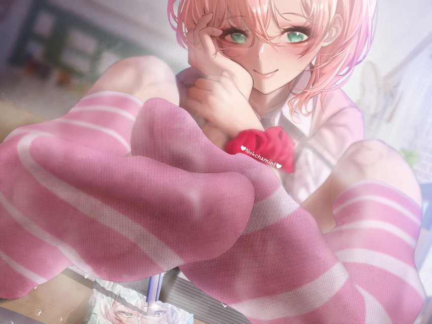 1girl foot_focus green_eyes hand_on_own_face highres ju-hee_go_(turning_mecard) long_hair nokchamint pink_hair side_ponytail smile socks steam striped_clothes striped_thighhighs thighhighs turning_mecard
