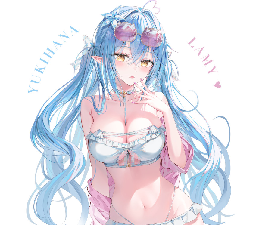 1girl ahoge alternate_costume armpit_crease bare_shoulders bikini blue_hair blush breasts cat-shaped_eyewear character_name chest_harness choker cleavage collarbone comiket_104 commentary_request cross-laced_clothes crossed_bangs double-parted_bangs elf eyewear_on_head fang flower frilled_bikini frills groin hair_between_eyes hair_flower hair_ornament hand_up harness heart heart_ahoge highleg highleg_bikini highres hololive jacket large_breasts long_hair looking_at_viewer multicolored_hair nail_polish navel off_shoulder open_clothes open_jacket open_mouth pink-tinted_eyewear pink_jacket pink_nails pointy_ears rin_yuu simple_background skin_fang solo standing stomach strapless strapless_bikini streaked_hair string_bikini sunglasses swimsuit tinted_eyewear twintails very_long_hair virtual_youtuber watermark white_background white_bikini white_choker yellow_eyes yukihana_lamy