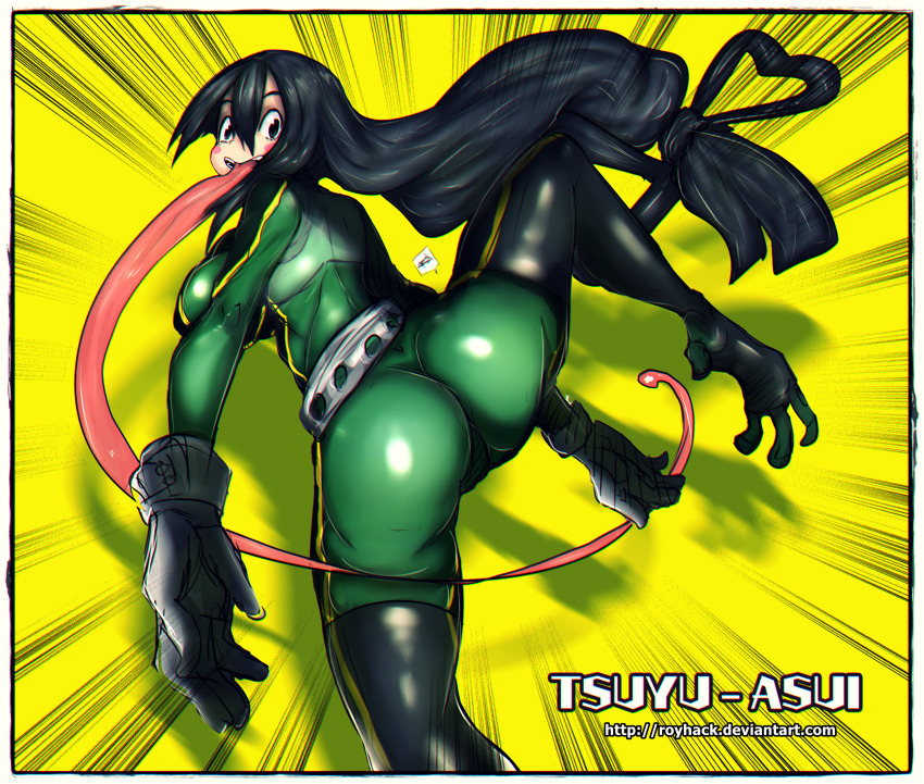 1girl :&gt; ass asui_tsuyu blush_stickers bodysuit boku_no_hero_academia breasts character_name curvy emphasis_lines fingernails floating_hair frog_girl gloves green_bodysuit green_eyes green_hair hair_between_eyes hair_rings highres huge_ass jumping large_breasts legs_apart long_hair long_tongue looking_at_viewer looking_back medium_breasts open_mouth royhack sidelocks simple_background solo superhero_costume tongue very_long_hair wide_hips yellow_background