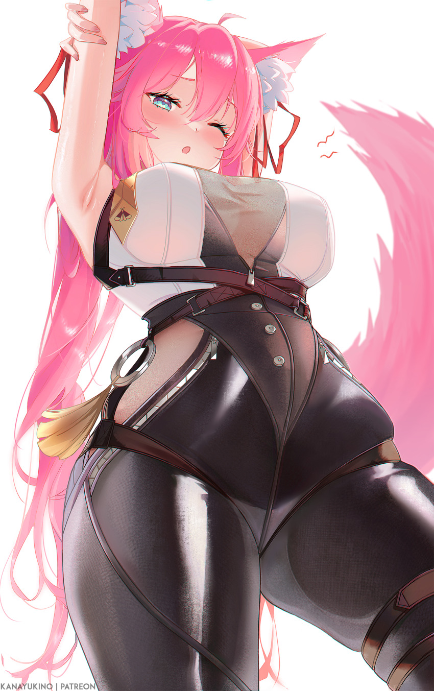 1girl ahoge animal_ears arm_up armpits artist_name belt black_pants blue_eyes blush breasts brown_belt commentary commission cosplay english_commentary evelyn_chevalier evelyn_chevalier_(cosplay) fingernails fox_ears fox_girl fox_tail hair_ribbon high-waist_pants highres indie_virtual_youtuber kana_yukino kwando large_breasts long_hair nail_polish necktie one_eye_closed open_mouth pants patreon_username pink_hair pink_nails pink_tail red_ribbon ribbon shirt simple_background solo stretching tail thighs tight_clothes tight_pants virtual_youtuber white_background white_shirt yellow_necktie zenless_zone_zero