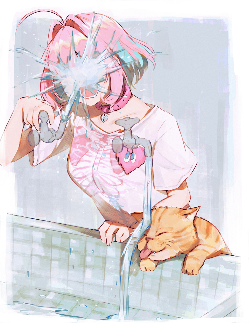 1girl absurdres ahoge blue_hair cat cat_under_faucet_(meme) collar failure faucet hair_intakes hamachamu heart-shaped_lock heart_on_chest highres idolmaster idolmaster_cinderella_girls in_the_face meme multicolored_hair open_mouth pink_collar pink_hair print_shirt shirt short_hair short_sleeves skeleton_print t-shirt tongue tongue_out two-tone_hair water yumemi_riamu
