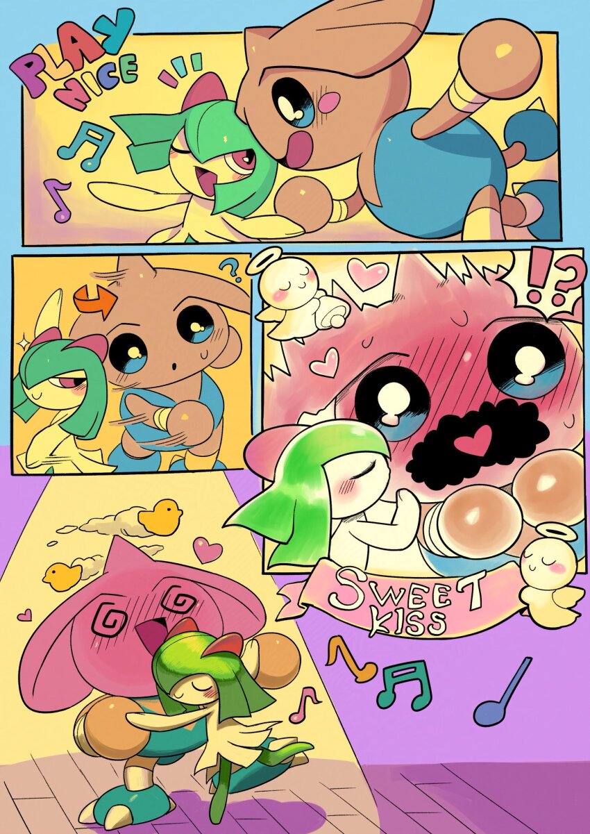 !? ? arrow_(symbol) black_eyes blush blush_stickers claws closed_eyes closed_mouth english_text flustered gen_2_pokemon gen_3_pokemon highres hitmontop holding_hands horns kirlia kiss musical_note nintendo no_humans one_eye_closed one_leg_raised open_mouth pokemon pokemon_(creature) pokemon_focus powerandy red_eyes spotlight sweatdrop tail wink wooden_floor