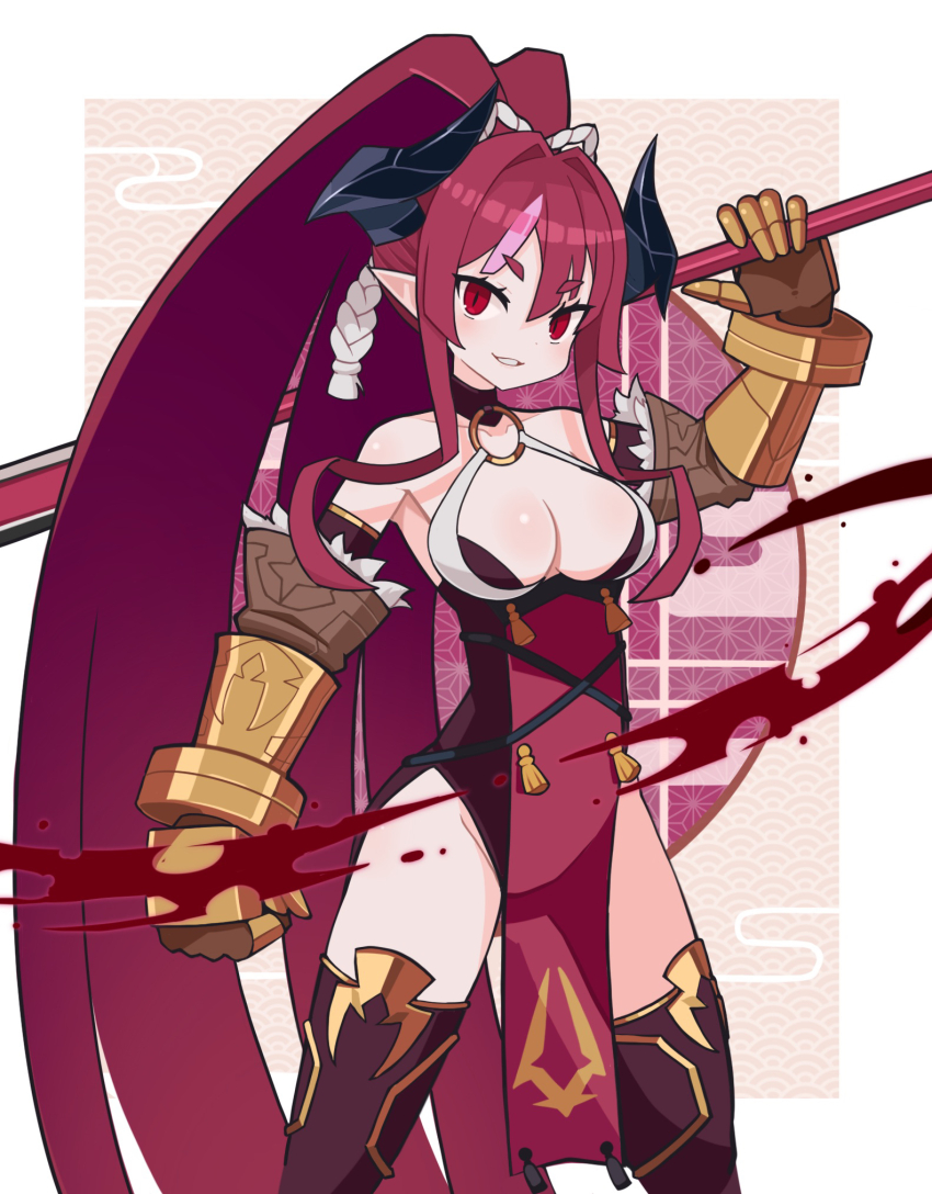 1girl :d black_horns blood blood_splatter blood_spray body_blush border breasts brown_background choker cleavage commentary cowboy_shot demon_girl demon_horns disgaea floral_background gauntlets groin higan_zesshousai highres holding holding_polearm holding_weapon horns large_breasts legs_apart leotard loincloth long_hair looking_to_the_side makai_senki_disgaea_7 multicolored_hair o-ring o-ring_choker open_mouth pelvic_curtain pink_hair pointy_ears polearm ponytail red_eyes red_hair red_leotard red_thighhighs revealing_clothes shiny_skin smile solo standing streaked_hair suaman tabard tassel thick_eyebrows thighhighs thighs tsurime two-tone_hair very_long_hair weapon white_border