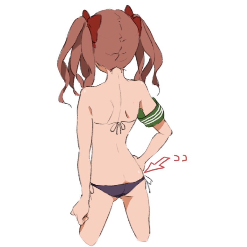 1girl armband ass bikini black_bikini bow brown_hair butt_crack from_behind hair_bow hand_on_own_hip long_hair lowleg lowleg_bikini non-web_source red_bow shirai_kuroko side-tie_bikini_bottom swimsuit teruya_(6w6y) toaru_kagaku_no_railgun toaru_majutsu_no_index twintails white_background