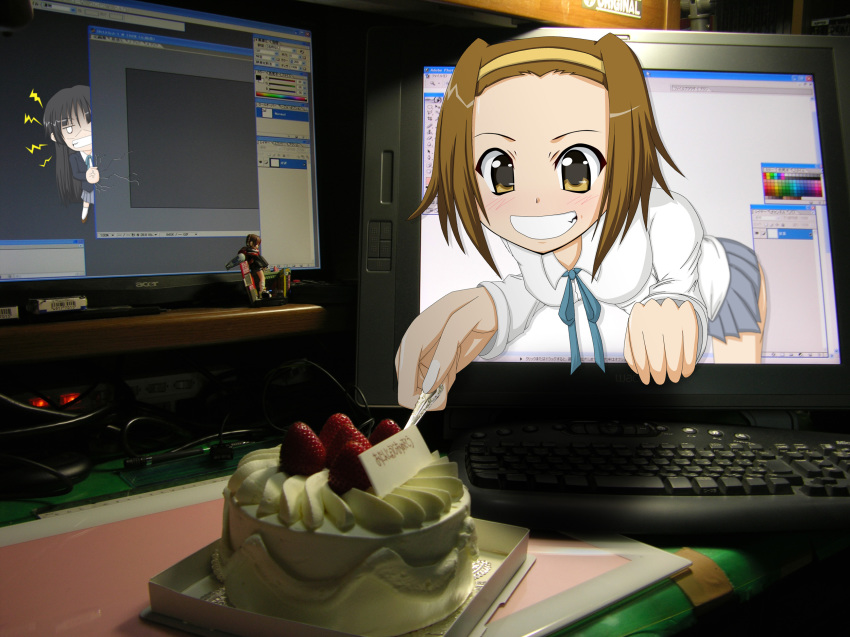 00s 2girls akiyama_mio anger_vein birthday cake clenched_teeth computer computer_keyboard crack food fourth_wall grin hairband highres k-on! microsoft_windows multiple_girls pastry school_uniform smile su-35_(artist) tainaka_ritsu teeth through_medium through_screen wacom windows_xp