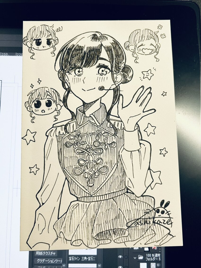 1girl blush chibi closed_eyes closed_mouth commentary_request cowboy_shot double_bun multiple_expressions hair_bun highres kashikaze long_sleeves looking_at_viewer medium_hair microphone misaki_nako monochrome open_mouth pout real_life signature simple_background sparkle squiggle traditional_media voice_actor waving