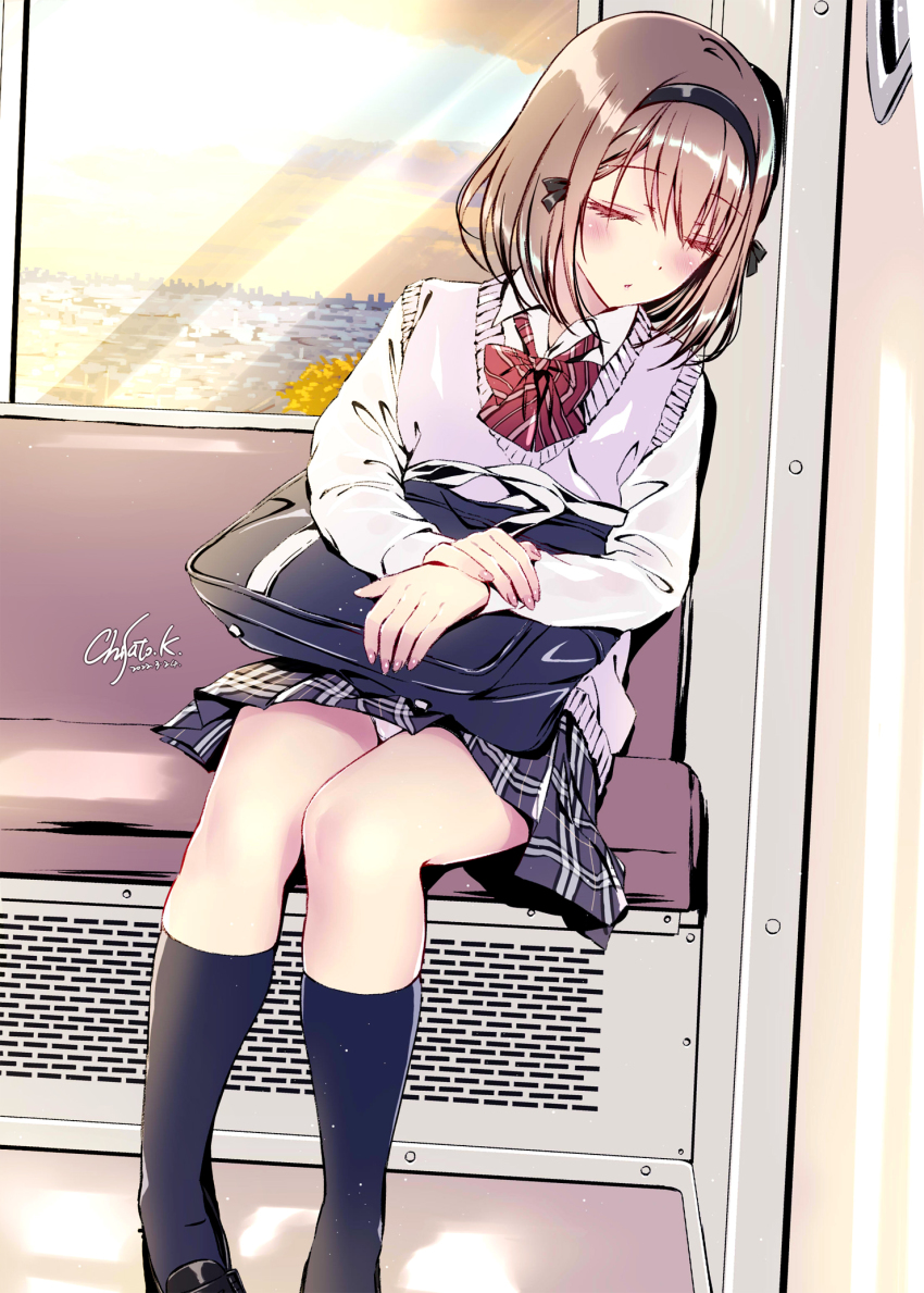 1girl bag black_hairband black_ribbon black_shoes blue_socks bow bowtie closed_eyes dot_nose dusk grey_sweater_vest grey_vest hair_ribbon hairband highres indoors kobayashi_chisato light_blush light_brown_hair loafers original own_hands_together panties pantyshot plaid_clothes plaid_skirt pleated_skirt red_bow red_bowtie ribbon school_bag school_uniform seat shirt shoes short_hair short_sleeves signature sitting skirt sleeping socks solo striped_bow striped_bowtie striped_clothes sunlight sweater_vest train_interior underwear vest white_panties white_shirt window