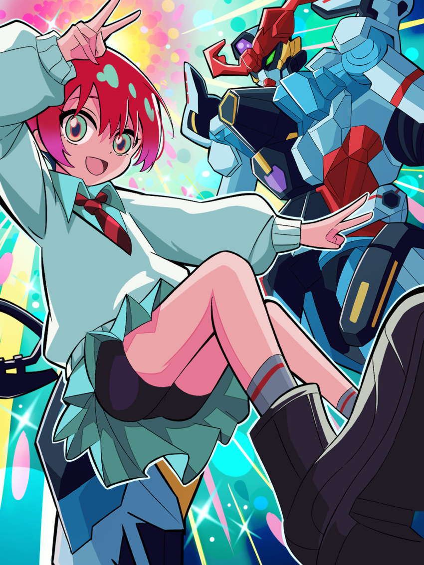 1girl :d amate_yuzuriha aqua_eyes aqua_shirt aqua_skirt aqua_sweater bike_shorts_under_skirt black_shorts blurry collared_shirt depth_of_field double_v gquuuuuux gradient_hair grey_socks gundam gundam_gquuuuuux highres izaz long_sleeves miniskirt multicolored_hair necktie open_mouth pink_hair red_hair red_necktie school_uniform shirt short_hair short_shorts shorts skirt smile socks striped_necktie sweater two-tone_necktie v wing_collar