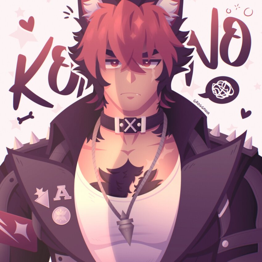 1boy absurdres animal_ears black_choker black_jacket body_hair choker dog_boy fang highres jacket jewelry komano_manato large_pectorals leather leather_jacket male_focus multicolored_hair multiple_scars muscular muscular_male necklace open_clothes open_jacket pectorals piercing scar scar_on_face shirt short_hair solo white_shirt zenless_zone_zero