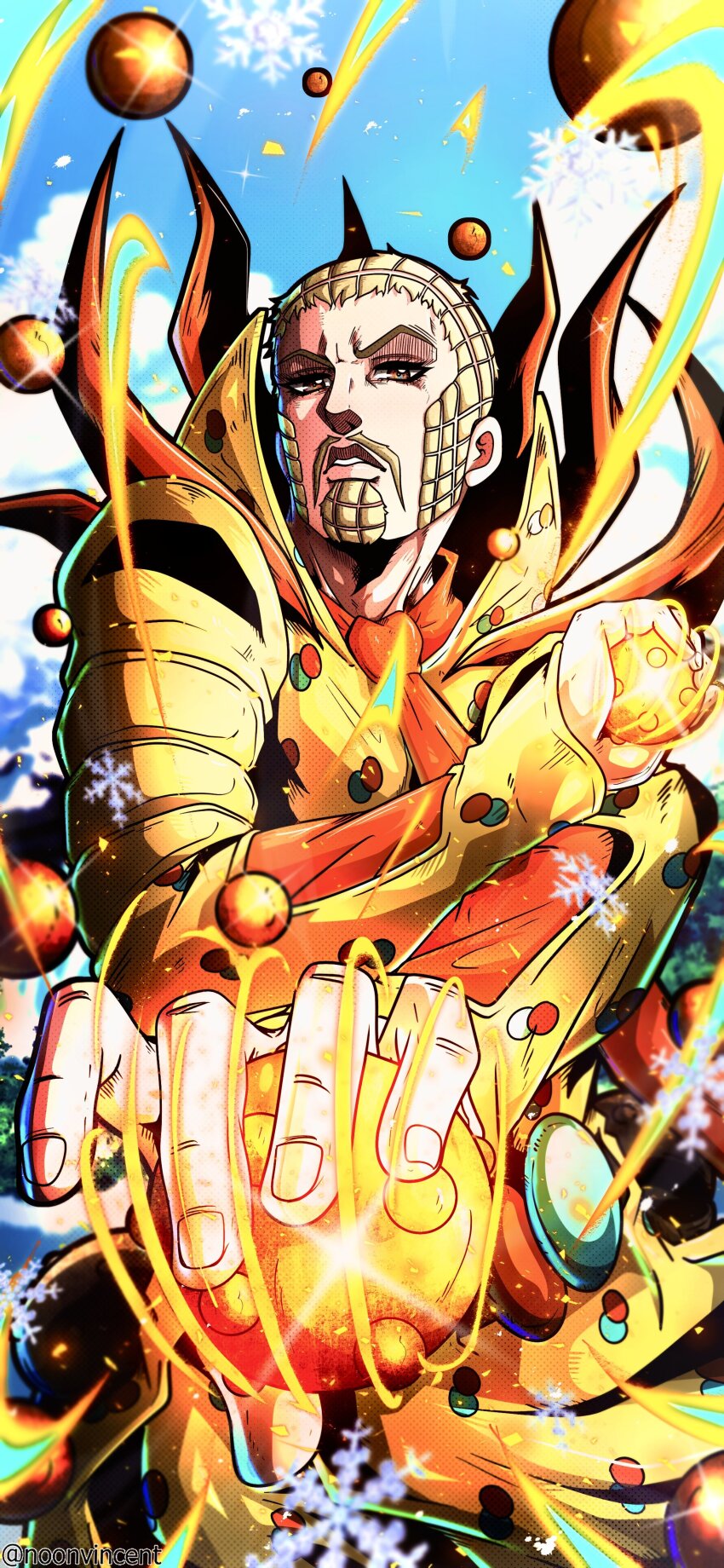 1boy absurdres araki_hirohiko_(style) ball beard bishie_sparkle blonde_hair facial_hair high_collar highres holding holding_ball jacket jojo_no_kimyou_na_bouken looking_at_viewer male_focus mustache necktie noonvincent orange_eyes orange_necktie popped_collar short_hair snowflakes solo spinning steel_ball_(jojo) steel_ball_run very_short_hair wekapipo yellow_jacket