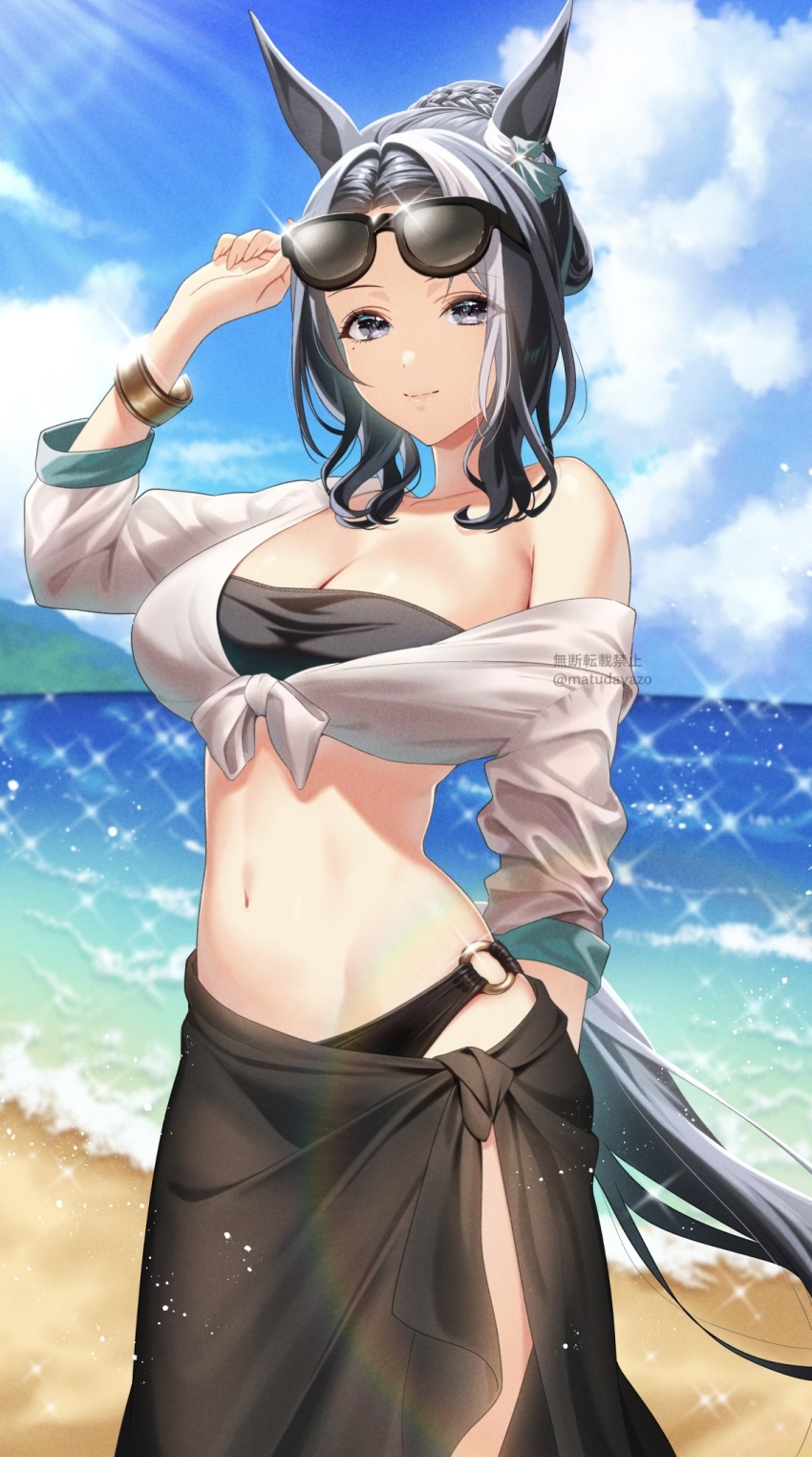 1girl alternate_costume animal_ears arm_behind_back beach bikini black_bikini black_hair black_sarong blue_sky bracelet breasts commentary_request cowboy_shot day ear_ornament eyewear_on_head hair_bun highres horse_ears horse_girl horse_tail jewelry matuda_(matudayazo) mejiro_ramonu_(umamusume) multicolored_hair ocean outdoors purple_eyes sand sarong shirt single_bare_shoulder sky solo sparkle strapless strapless_bikini streaked_hair sunglasses swimsuit tail tied_shirt twitter_username umamusume water white_hair