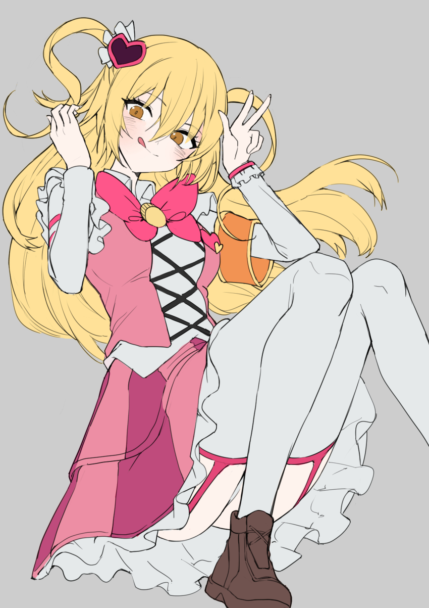 1girl :q absurdres armband beruko14 bow bowtie breasts brown_shoes commentary don_quixote_(project_moon) e.g.o_(project_moon) fingernails foot_out_of_frame frilled_skirt frills hair_between_eyes hair_ornament heart heart_hair_ornament highres in_the_name_of_love_and_hate_(e.g.o) knees_up limbus_company long_hair long_sleeves orange_armband panties pink_bow pink_bowtie pink_garter_straps pink_skirt pink_vest project_moon shoes skirt solo star_(symbol) star_in_eye symbol-only_commentary symbol_in_eye thighhighs tongue tongue_out two_side_up underwear vest w white_panties white_thighhighs