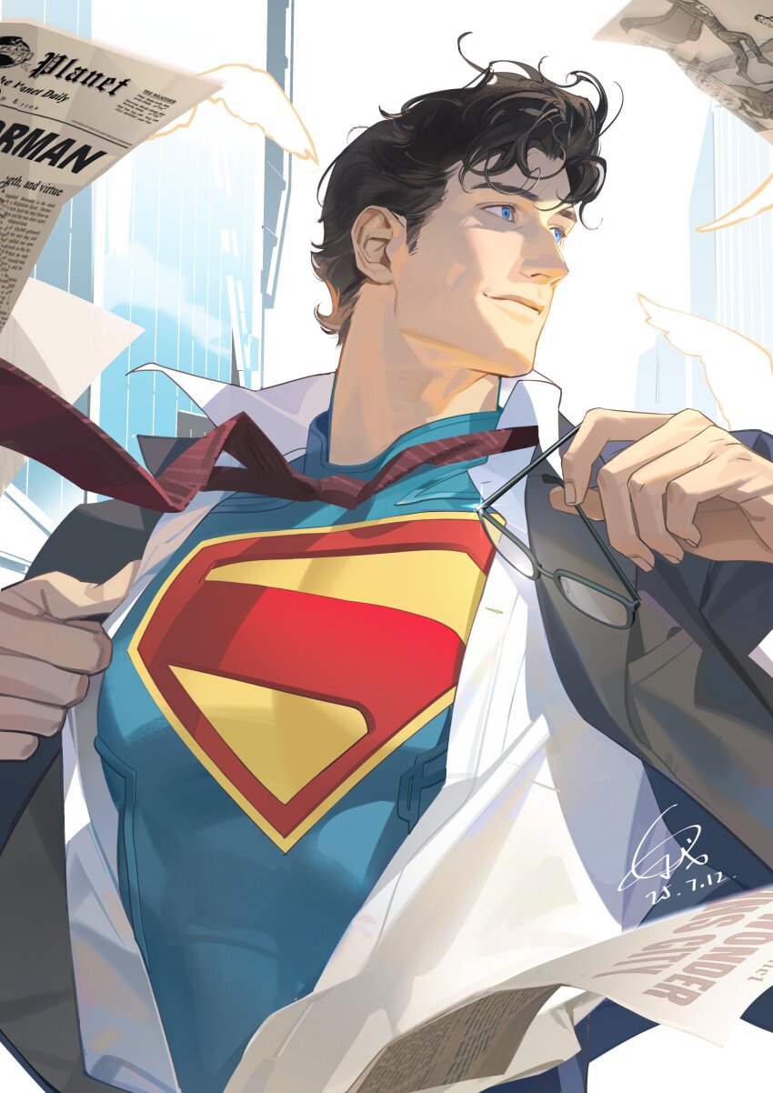 1boy absurdres black_hair blue_bodysuit blue_eyes bodysuit building city cityscape clark_kent closed_mouth dc_comics highres light_rays looking_to_the_side male_focus metropolis_(dc) muscular muscular_male print_bodysuit shirt short_hair smile sunbeam sunlight superhero_costume superman superman_(series) superman_logo tobu_(bilibil)