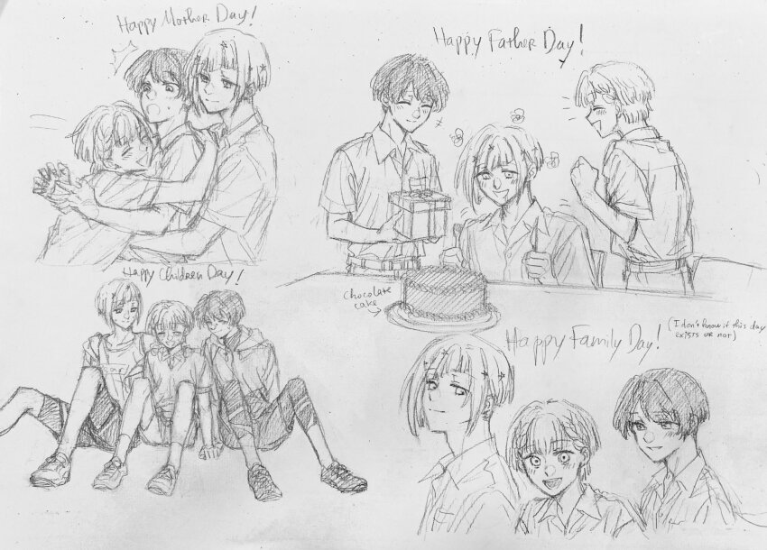 3boys ^^^ ^_^ arrow_(symbol) blush bodysuit bodysuit_under_clothes boy_sandwich braid breast_pocket cake center-flap_bangs closed_eyes closed_mouth collared_shirt commentary diagonal_bangs dollchestra dress_shirt english_text flower_symbol food fork genderswap genderswap_(ftm) gift graphite_(medium) greyscale group_hug hair_ornament highres holding holding_fork holding_gift holding_knife hood hooded_jacket hug jacket kachimachi_kosuzu kachimachi_kosuzu_(summer_training_wear) knees_up knife link!_like!_love_live! looking_at_another love_live! male_focus monochrome motion_lines multiple_boys multiple_views murano_sayaka murano_sayaka_(summer_training_wear) notice_lines open_mouth pocket polo_shirt sandwiched school_uniform shirt short_hair short_sleeves shorts side_braids sitting smile split_mouth star_(symbol) star_hair_ornament sweatdrop tank_top traditional_media virtual_youtuber yugiri_tsuzuri yugiri_tsuzuri_(summer_training_wear) zenma_trang