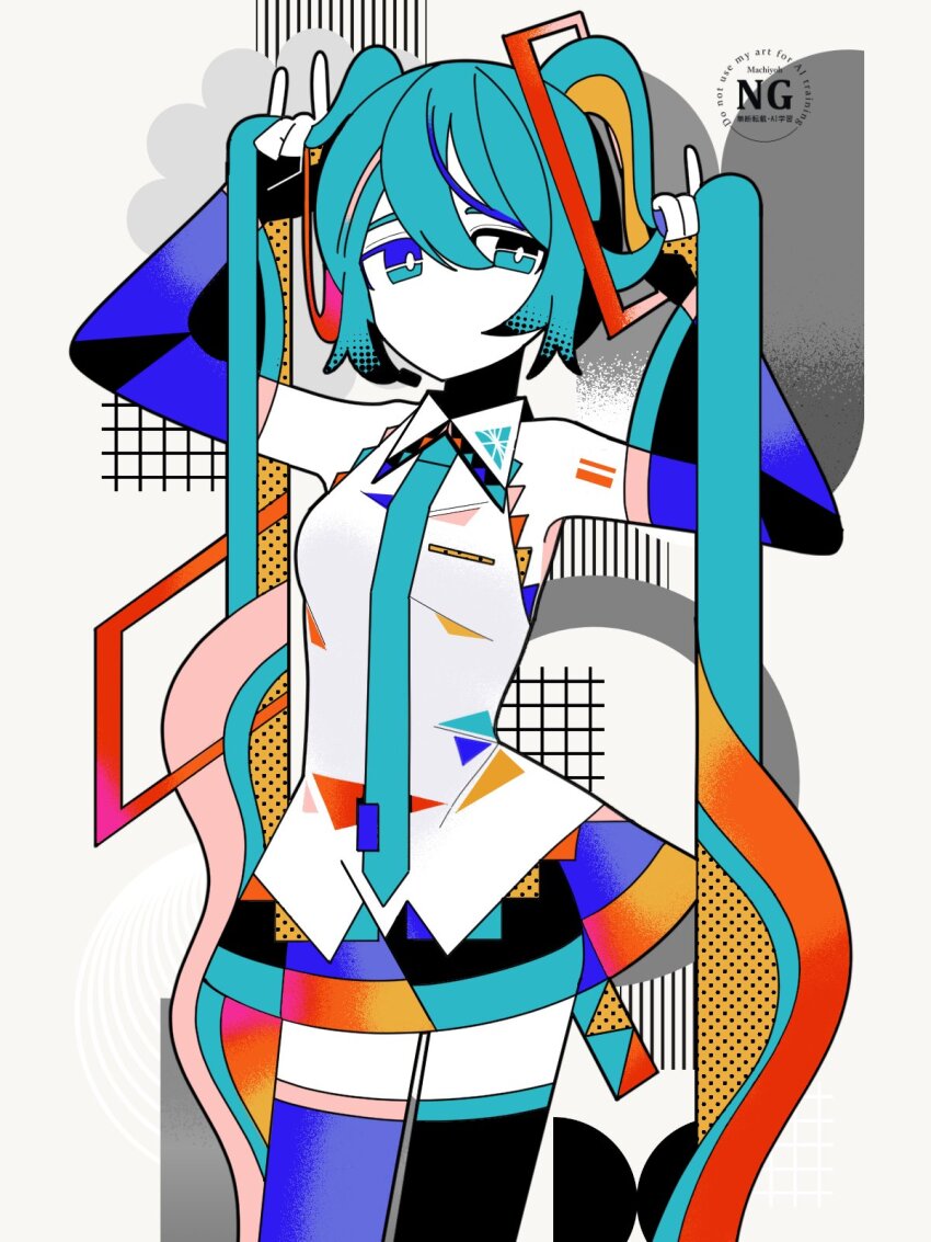 1girl arms_up black_boots blue_eyes blue_hair blue_necktie boots breasts bright_pupils collared_shirt detached_sleeves hatsune_miku highres long_hair machigami_yoh necktie no_mouth shirt skirt sleeveless sleeveless_shirt small_breasts solo tagme thigh_boots twintails vocaloid watermark white_pupils white_shirt
