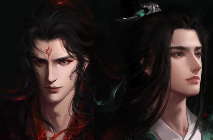 2boys aqua_hanfu aqua_ribbon asian black_background black_hair blue_eyes chinese_clothes chinese_commentary commentary_request expressionless eyeliner facial_mark forehead forehead_mark hair_bun hair_ornament hairpin half_updo hanfu highres light_smile long_hair looking_ahead luo_binghe makeup male_focus multiple_boys pink_lips realistic red_eyeliner red_eyes red_hanfu red_lips red_ribbon renzha_fanpai_zijiu_xitong ribbon ribbon_earrings shen_qingqiu simple_background single_hair_bun thick_eyebrows thick_lips topknot upper_body very_long_hair ye_dian_pikaqiu