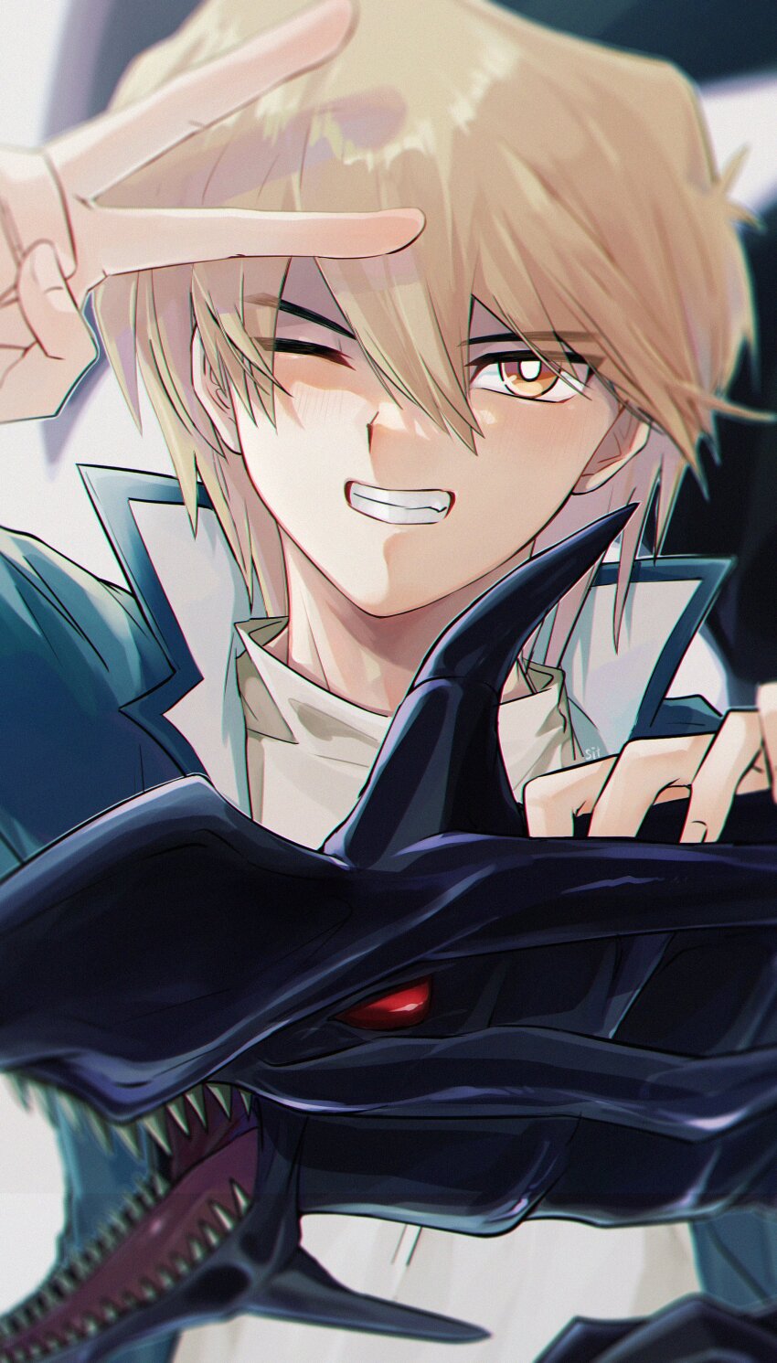1boy absurdres blonde_hair blue_jacket clenched_teeth dragon duel_monster grin hair_between_eyes high_collar highres jacket jonouchi_katsuya long_sleeves looking_at_viewer male_focus one_eye_closed open_clothes red-eyes_black_dragon red_eyes saito0614 sharp_teeth shirt short_hair smile solo teeth upper_body v yellow_eyes yu-gi-oh! yu-gi-oh!_duel_monsters