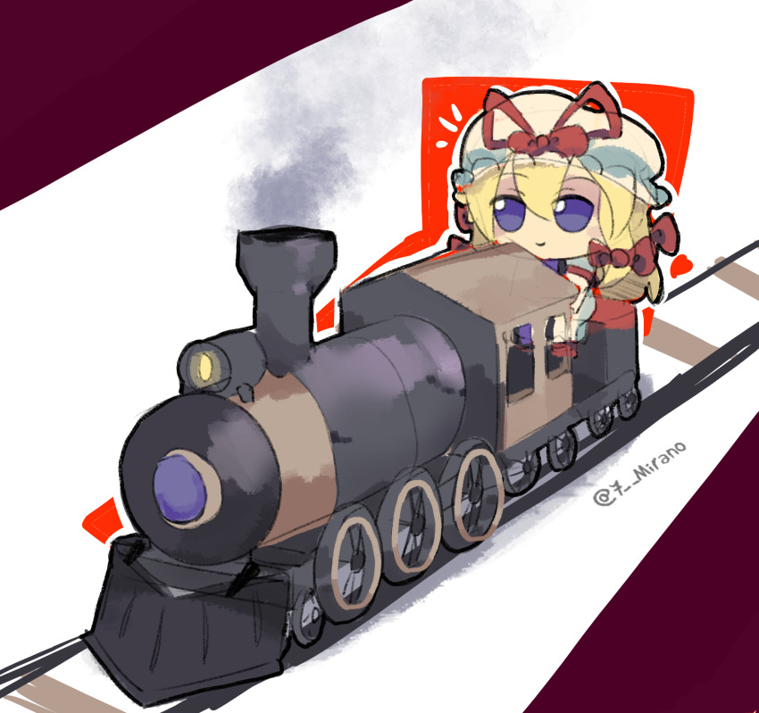 1girl 7-mirano blonde_hair bow character_doll doll fumo_(doll) hair_bow hat hat_ribbon highres jitome long_hair mob_cap purple_eyes railroad_tracks red_bow red_ribbon ribbon sitting smile smoke solo touhou train twitter_username white_hat yakumo_yukari