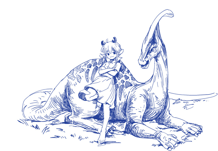 1girl animal animal_ears barefoot blue_theme closed_mouth crossed_arms dinosaur dress full_body ge_dazuo highres horns leaning_on_animal leg_up looking_at_viewer monochrome original parasaurolophus short_dress short_sleeves solo standing standing_on_one_leg white_background