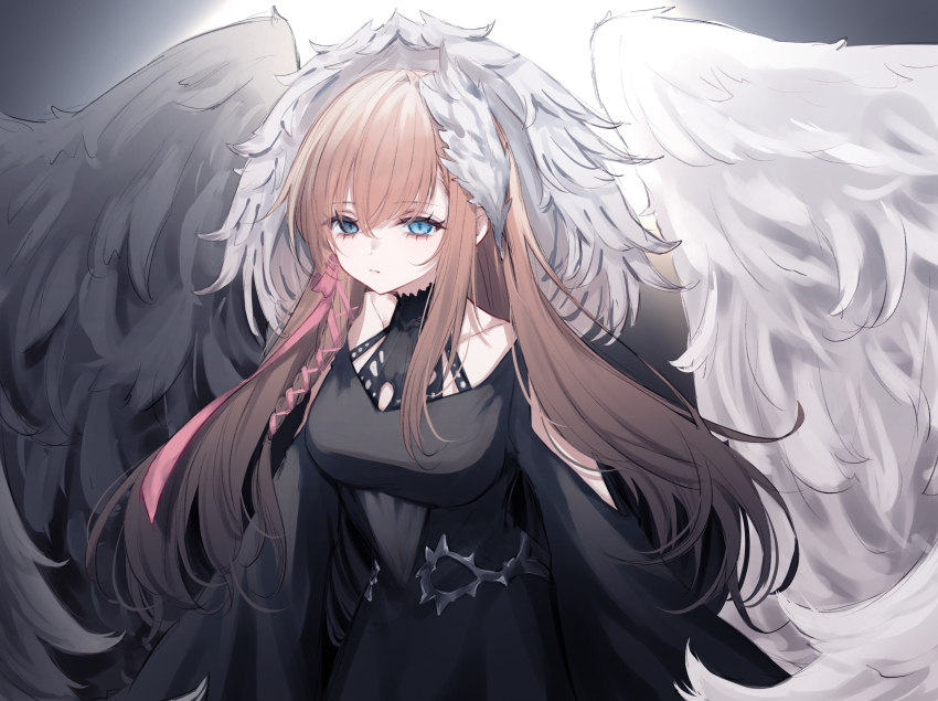 1girl angel_wings black_dress black_wings blue_eyes bow commentary_request corruption dark_persona dress feathers final_fantasy final_fantasy_xiv fusion gaia_(ff14) hair_ribbon highres long_hair mitron_(ff14) orange_hair pandora_(ff14) possessed possession ribbon ryne_waters sana_(sanamaru_0w0) square_enix white_wings wings