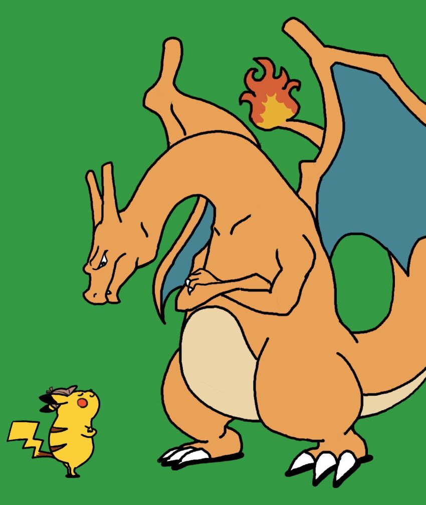 :3 ^_^ animal_ears charizard chibi claws closed_eyes crossed_arms detective_pikachu_(character) detective_pikachu_(series) dragon dragon_horns dragon_tail face-to-face fangs gen_1_pokemon green_background highres horns koutarosu looking_at_another monochrome nintendo pikachu pokemon pokemon_(creature) size_difference smile standing tail