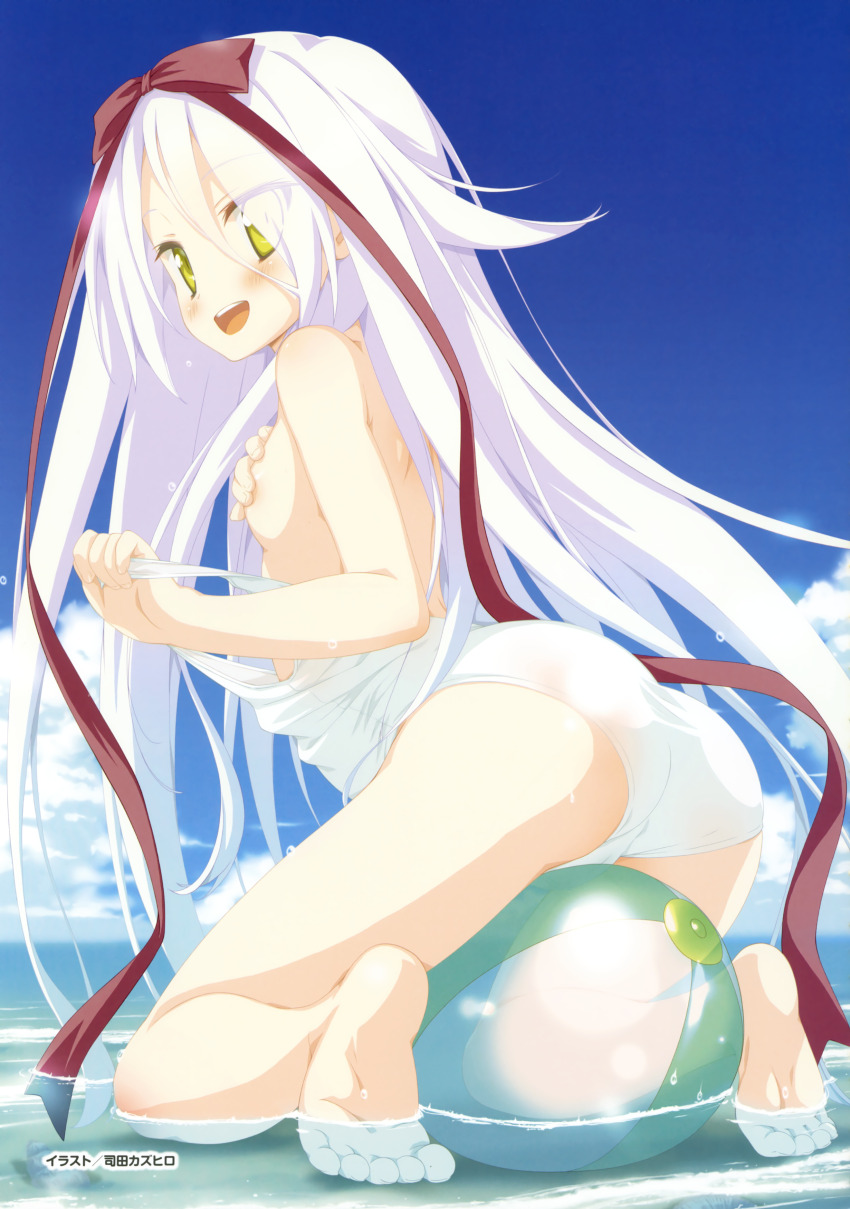 1girl :d absurdres areola_slip artist_name ass ball bare_arms bare_legs bare_shoulders barefoot beachball blue_sky blush bow breast_hold breasts cameltoe clothes_pull covering_breasts covering_privates day eyes_visible_through_hair feet foreshortening full_body hair_between_eyes hair_bow hair_ribbon happy highres hoshizora_no_memoria kneeling leaning_forward legs long_hair long_ribbon looking_at_viewer looking_back mare_s._ephemeral official_art one-piece_swimsuit one-piece_swimsuit_pull open_mouth outdoors pulling_own_clothes red_bow red_ribbon ribbon school_swimsuit shida_kazuhiro sitting_on_ball sky small_breasts smile soaking_feet soles solo straight_hair swimsuit teeth thighs toes undressing upper_teeth_only very_long_hair white_hair white_one-piece_swimsuit yellow_eyes