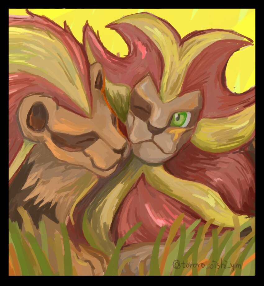 ^_^ black_border border brown_fur closed_eyes gen_6_pokemon grass green_eyes highres multicolored_fur nintendo no_humans nuzzle one_eye_closed pokemon pokemon_(creature) pokemon_focus pyroar pyroar_(female) pyroar_(male) red_fur tororo_oishi_ym twitter_username yellow_fur