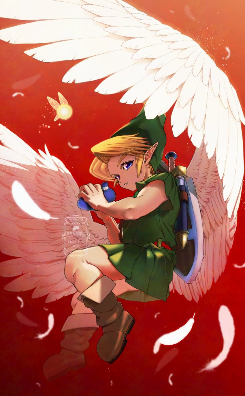 1boy ao_haruki belt blonde_hair blue_eyes boots fairy feathered_wings feathers full_body hat highres holding holding_instrument instrument link looking_at_viewer nintendo ocarina parted_lips pointy_ears red_background shield shield_on_back solo sword tatl the_legend_of_zelda the_legend_of_zelda:_majora&#039;s_mask tunic weapon wings