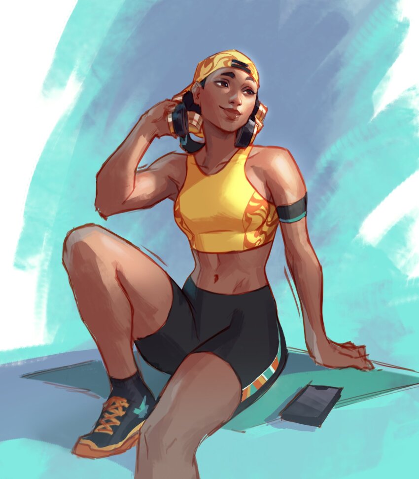 1girl adjusting_headphones ankle_socks backwards_hat baseball_cap bike_shorts black_hair black_shoes black_shorts black_socks brown_eyes closed_mouth dark-skinned_female dark_skin hand_on_ground hand_up hat headphones headphones_around_neck highres jeremy_anninos knee_up lips looking_to_the_side midriff navel raze_(valorant) shoes shorts sitting smile sneakers socks solo sports_bra thighs valorant yellow_sports_bra