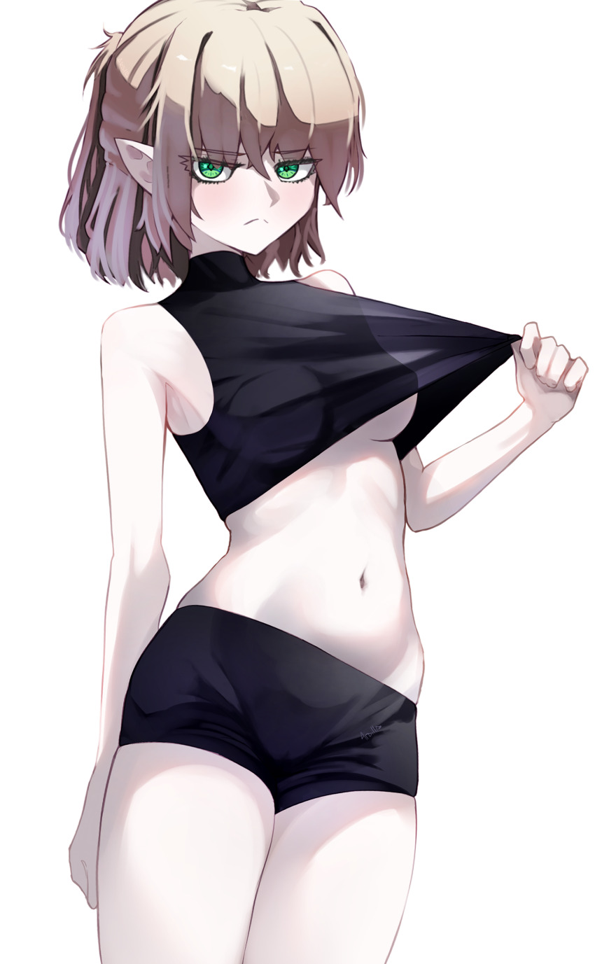 1girl 4rdilla absurdres alternate_costume bare_shoulders black_shorts black_tank_top blonde_hair blush breasts closed_mouth commentary_request cowboy_shot green_eyes hair_between_eyes hand_up highres looking_at_viewer medium_breasts mizuhashi_parsee navel pointy_ears see-through_clothes short_hair short_shorts shorts simple_background solo standing tank_top touhou underboob white_background
