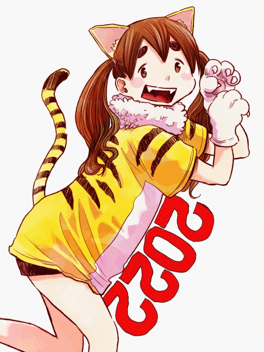 1girl 2022 absurdres animal_costume animal_ears animal_hands animal_print asano_inio black_hair blush_stickers brown_eyes commentary dead_dead_demons_de_dedede_destruction fang highres koyama_kadode new_year simple_background tail thick_thighs thighs tiger_costume tiger_ears tiger_paws tiger_print tiger_tail twintails white_background