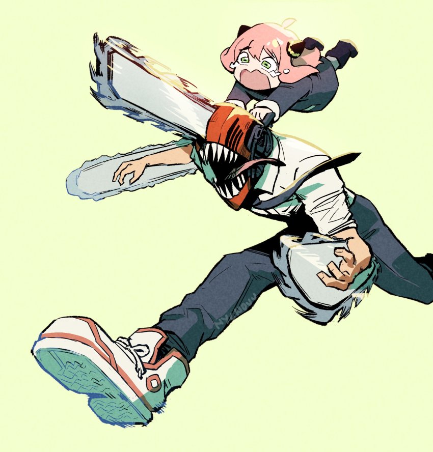 1boy 1girl anya_(spy_x_family) chainsaw chainsaw_man clinging commentary crossover denim denji_(chainsaw_man) english_commentary hanging_on_another highres jeans long_tongue necktie nycnouu pants running sharp_teeth shoes sneakers spy_x_family tears teeth tongue watermark