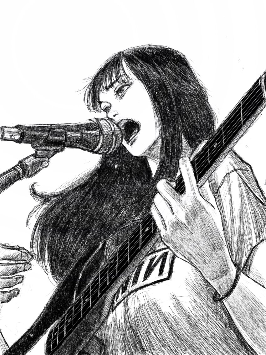 1girl black_hair from_below greyscale highres long_hair looking_to_the_side microphone microphone_stand monochrome music open_mouth original short_sleeves singing solo tp_p_pt white_background