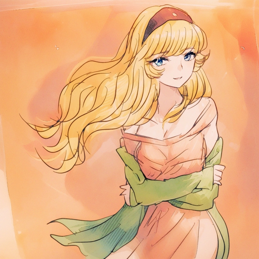 1girl blonde_hair blue_eyes commentary crossed_arms cyborg cyborg_009 dated_commentary dress francoise_arnoul green_jacket hair_between_eyes hairband highres jacket long_hair looking_at_viewer naughty_face orange_background red_dress red_hairband sariokisu smile straight_hair upper_body wind