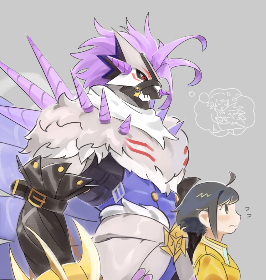 black_hair blonde_hair digimon digimon_(creature) digimon_rearise female_protagonist_(digimon_rearise) herissmon highres multicolored_hair rasenmon rasenmon_(anniversary_ver.) short_hair