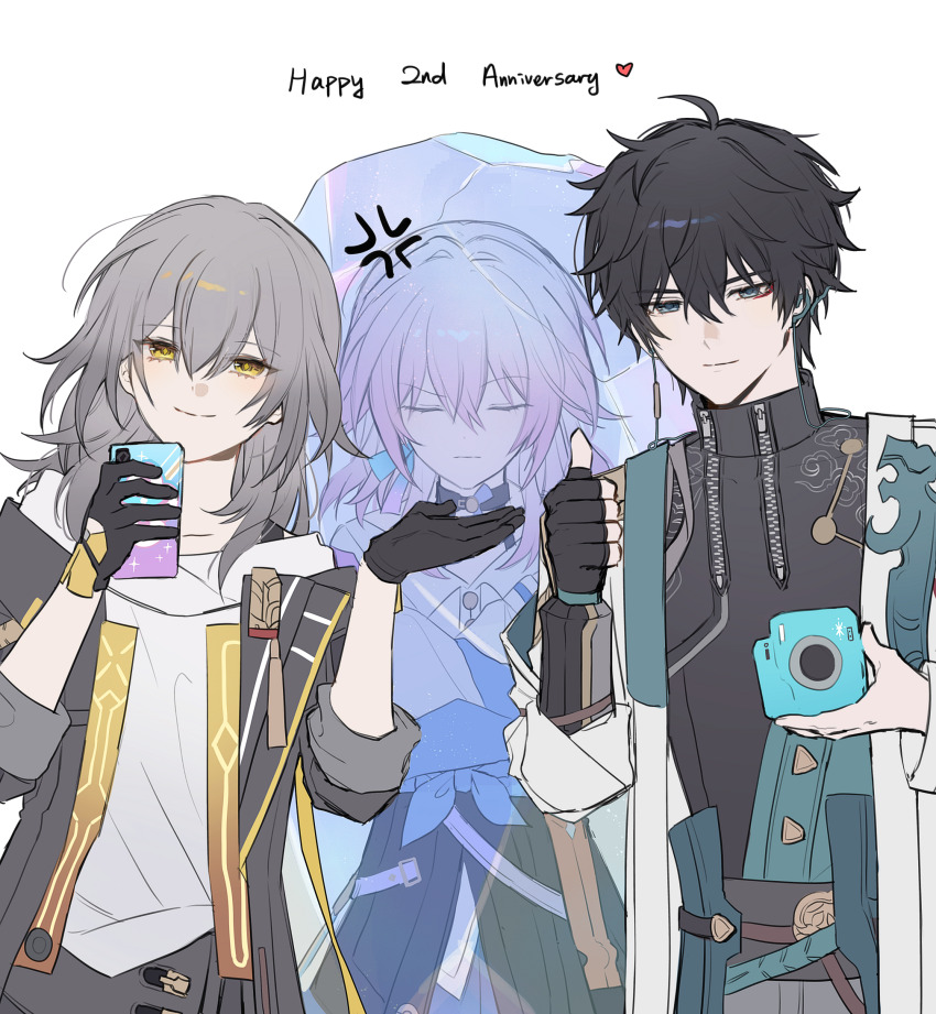 1boy 2girls anger_vein black_gloves black_hair black_jacket black_shirt camera closed_eyes closed_mouth coat commentary_request dan_heng_(honkai:_star_rail) dan_heng_(hunt)_(honkai:_star_rail) english_text fingerless_gloves frozen gloves hair_between_eyes hands_up highres holding holding_camera holding_phone honkai:_star_rail honkai_(series) jacket long_hair looking_at_viewer march_7th_(honkai:_star_rail) march_7th_(preservation)_(honkai:_star_rail) medium_hair mixed-language_commentary multiple_girls open_clothes open_coat open_jacket partial_commentary phone pink_hair shirt short_hair simple_background smile sp0i0ppp stelle_(honkai:_star_rail) thumbs_up trailblazer_(honkai:_star_rail) upper_body white_background white_coat white_shirt yellow_eyes