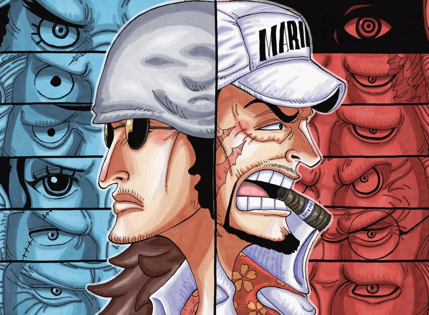 1girl 1other 6+boys absurdres black_eyes black_hair cigar coat ethan-baron_v._nusjuro eyelashes facial_hair floral_print frown goatee hat highres imu_(one_piece) jaguar_d._saul jaygarcia_saturn jolsuke koby_(one_piece) kuzan_(aokiji) marcus_mars marshall_d._teach monkey_d._garp multiple_boys mustache_stubble nico_robin oda_eiichirou_(style) one_piece open_mouth round_eyewear sakazuki_(akainu) scar scar_across_eye scar_on_face shepherd_ju_peter short_hair smoker_(one_piece) split_image stubble sunglasses teeth topman_warcury white_coat white_hat