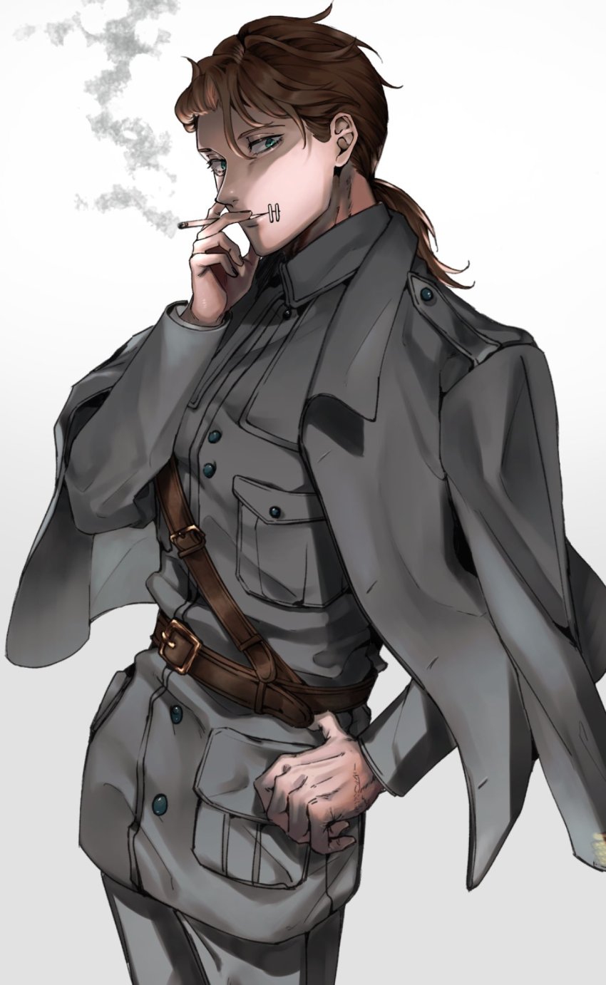 0niku_mimizuku 1boy belt brown_belt brown_hair cigarette collared_jacket commentary cowboy_shot curtained_hair green_eyes grey_jacket grey_pants hand_on_own_hip highres holding holding_cigarette identity_v jacket jacket_on_shoulders looking_at_viewer low_ponytail male_focus military military_uniform naib_subedar naib_subedar_(colonel_dax) official_alternate_costume pants parted_lips ponytail sam_browne_belt scar scar_on_hand shaded_face sideways_glance simple_background smoke smoking solo stitched_mouth stitches symbol-only_commentary white_background