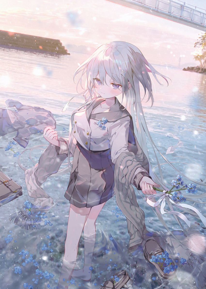 1girl black_sailor_collar black_shoes black_skirt blue_flower blush bridge briefcase closed_mouth commentary_request day flower forget-me-not_(flower) fringe_trim grey_hair grey_scarf grey_shirt hair_between_eyes hair_ornament highres holding holding_flower ibara_riato loafers long_hair original outdoors pleated_skirt purple_eyes railing sailor_collar scarf school_briefcase school_uniform serafuku shirt shoes skirt solo standing unworn_shoes very_long_hair wading water