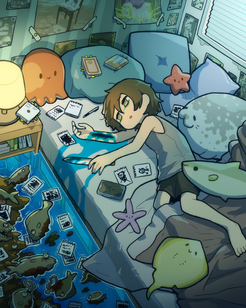 1boy :o black_shorts blood bloody_knife blue_blood broken_screen brown_hair crying curtains cushion fish full_body green_eyes grey_tank_top highres holding holding_knife indoors injury knife lying no_pupils notebook on_bed original pen phone scribble self-harm short_hair shorts stuffed_animal stuffed_octopus stuffed_seal stuffed_shark stuffed_toy takurada tank_top water