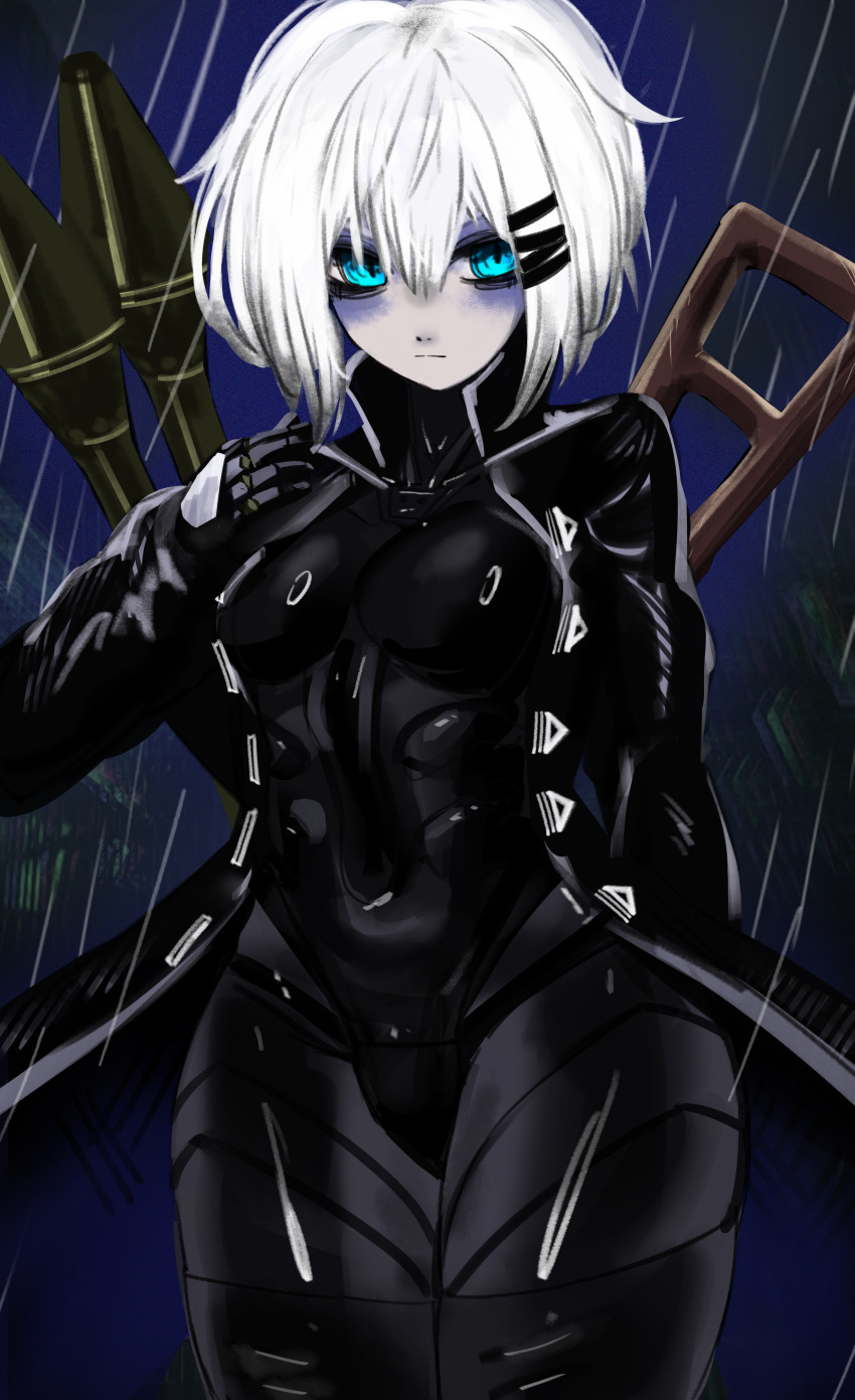 1girl absurdres bags_under_eyes black_coat blue_eyes bodysuit bodysuit_under_clothes breasts coat gun hair_ornament hairclip highres holding kuri_(tastykuri) looking_at_viewer marie_(peripeteia) medium_breasts open_clothes peripeteia popped_collar short_hair solo standing trench_coat triangle_button weapon white_hair