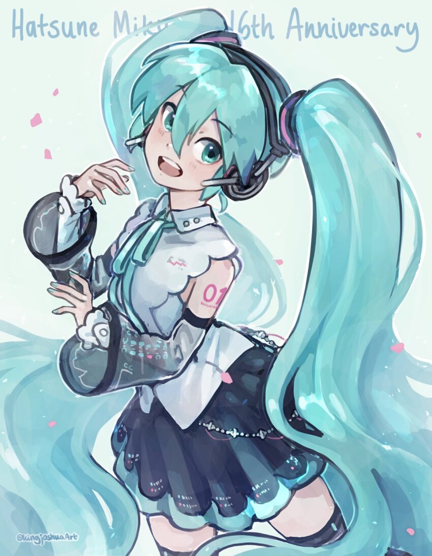 1girl anniversary aqua_eyes aqua_hair aqua_ribbon black_skirt black_sleeves black_thighhighs character_name commentary_request cowboy_shot dancing detached_sleeves falling_petals green_background hair_between_eyes hatsune_miku hatsune_miku_(nt) headphones highres kingjoshua long_hair looking_at_viewer neck_ribbon number_tattoo open_mouth petals piapro_studio pink_petals pleated_skirt ribbon see-through_clothes see-through_sleeves shirt shoulder_tattoo skirt sleeveless sleeveless_shirt smile solo tattoo teeth thighhighs twintails twitter_username upper_teeth_only very_long_hair vocaloid white_shirt